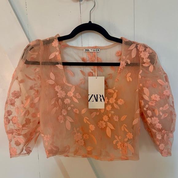 Zara Tops - Zara Women's Floral Sheer Crop Top - Peach NWT